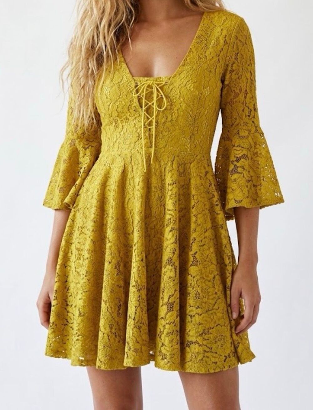 NWT RAGA Yellow Lace Bell Sleeve Corset Mini Dress Small Ren Fair Boho Sample